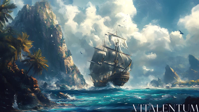 Sailing ship near rocky tropical coastline under clouds.