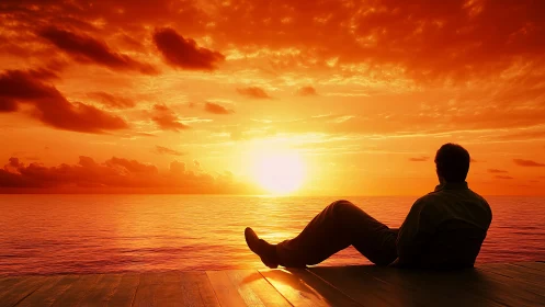 Man relaxing on pier watching vivid orange ocean sunset.