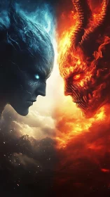 Elemental ice and fire titans clash in symmetrical standoff.