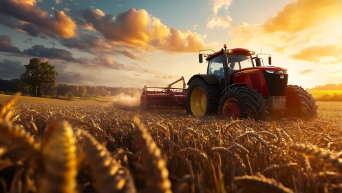Modern red tractor harvesting wheat at golden sunset.
