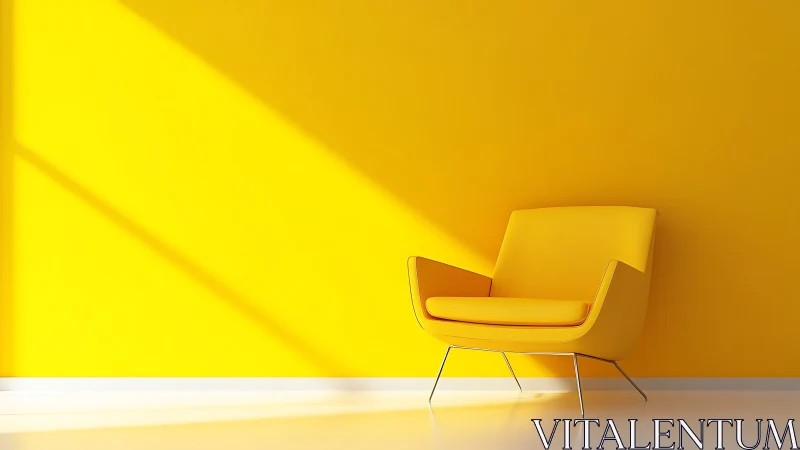 Minimalist yellow armchair against sunlit monochrome wall