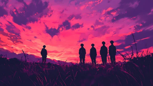 Silhouetted figures stand in tall grass under vivid sunset sky