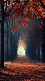 Autumnal tree tunnel with volumetric light and leaf carpeted path.