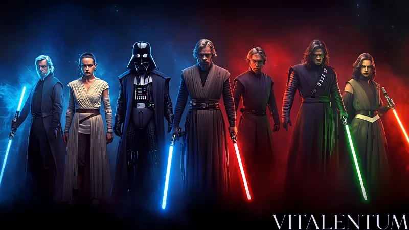 Star warriors line clash under vivid blue and red light.