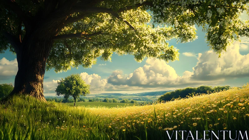 Sunlit meadow beneath blooming oak tree at golden hour.