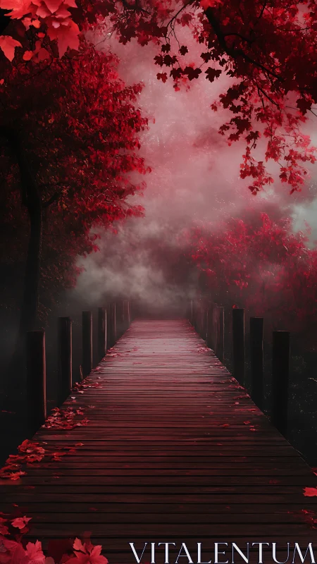Crimson misty boardwalk into a dreamy autumn forest path.