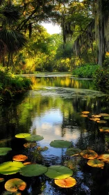 Sunlit forest river with reflective water and lilies.