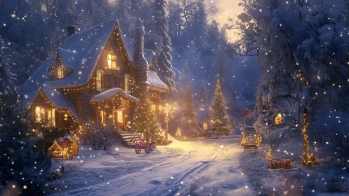 Snow-laden chalet with festive lights on twilight forest lane