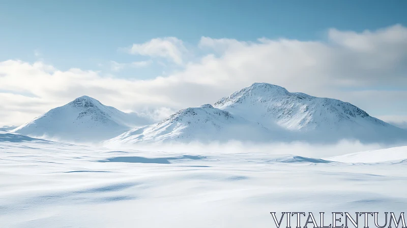 Silent snowy mountains rest beneath a gentle winter sky