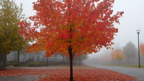 Fog-diffused campus maple with saturated autumn canopy geometry.