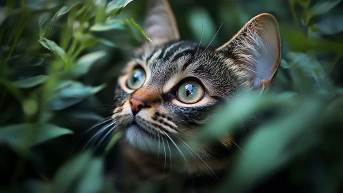Curious Tabby Peeks Through Garden Leaves.