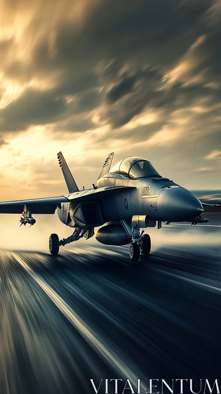 Sunlit fighter jet powers down runway under glowing clouds