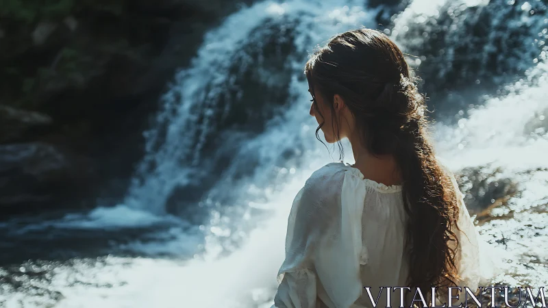 Woman in White Dress by Waterfall in Dreamy Natural Light.
