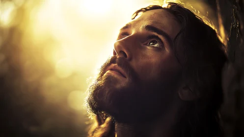 Backlit contemplative bearded man in golden sun flare portrait