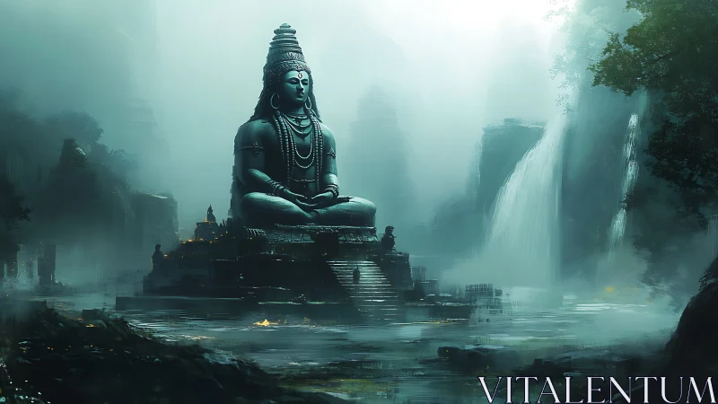 Colossal riverfront deity statue within misted jungle gorge.