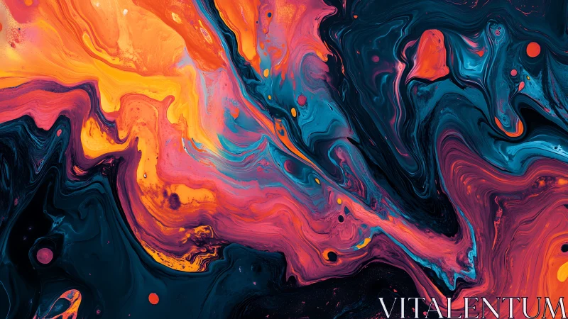 Fluid abstract swirls in orange, pink, teal, and black.