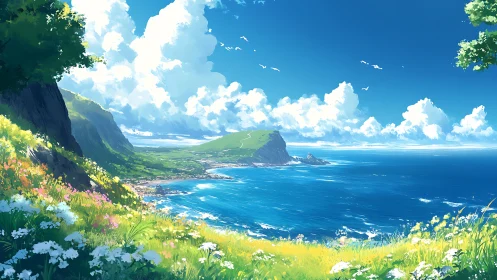 Coastal hillside meadow overlooking bright blue ocean.