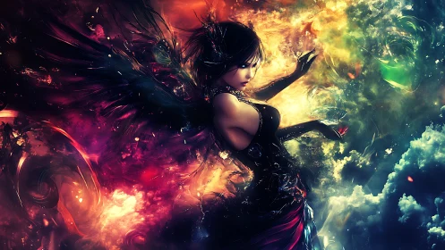Dark winged sorceress bends glowing cosmic storm energies