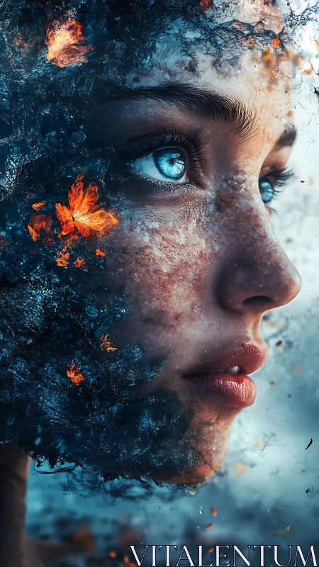 Ethereal blue gaze with butterflies glowing in swirling ash.