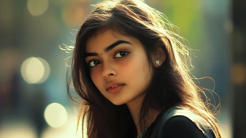 Soft bokeh portrait with shallow depth, warm rim lighting, fine hair detail