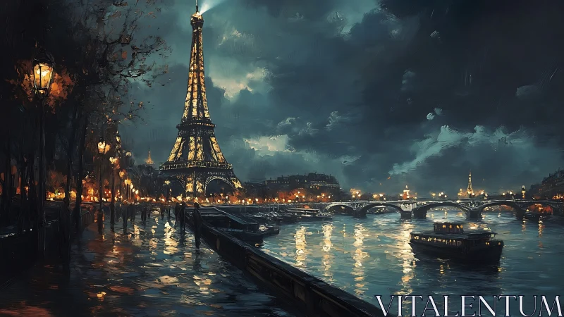 Moonlit Paris riverside stroll beside the glowing Eiffel tower.