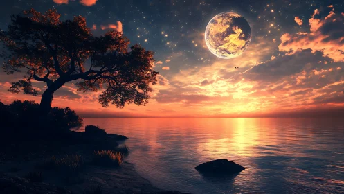 Celestial sunset over tranquil alien shoreline panorama.