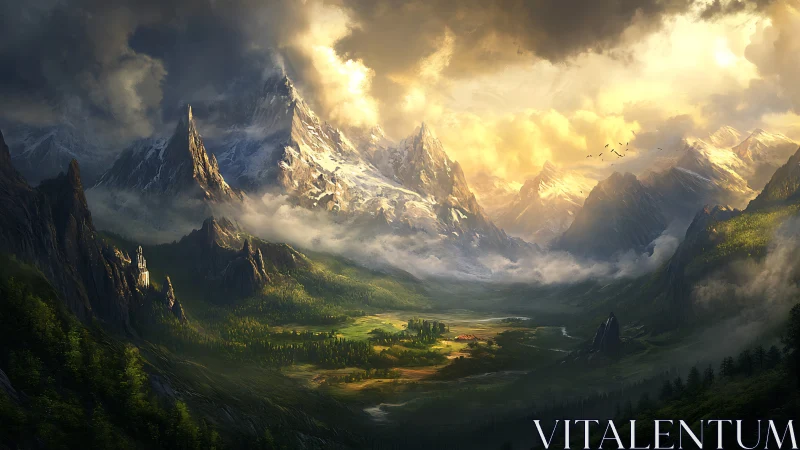 Dramatic fantasy mountain range above a misty green valley.