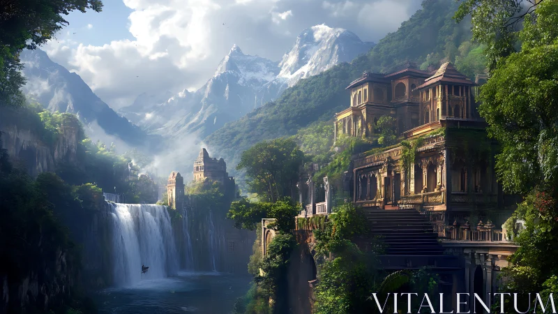 Mountain temple city overlooks waterfall-carved canyon