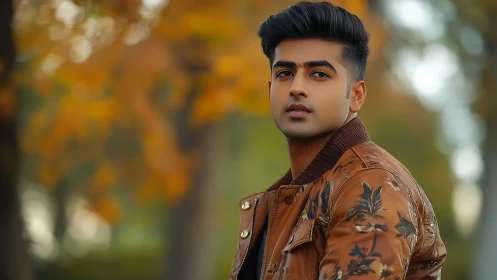 Autumn-lit gaze leans into the blur of coppery trees