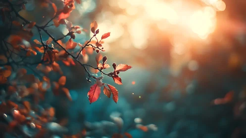 Backlit autumnal twig with shallow-depth bokeh field glow.