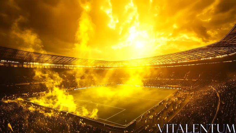 Golden-lit football stadium under blazing sunset sky.