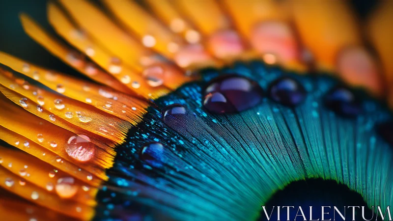 Macro study isolates dewy daisy petals and iridescent blue center