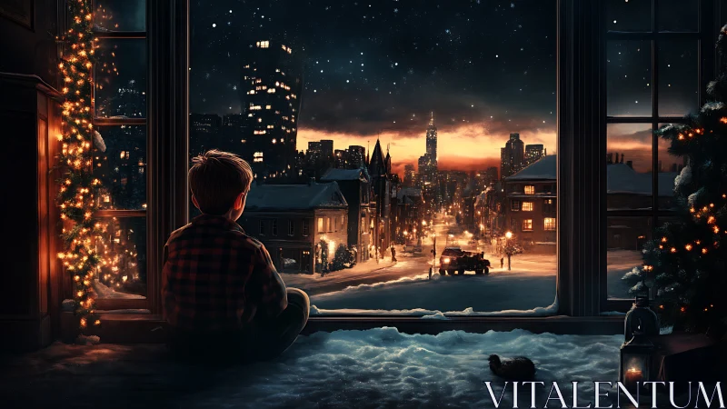 Snowy urban sunset viewed from child’s window seat interior