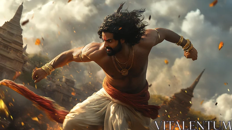 Dynamic mythic warrior in cinematic digital painting composition.