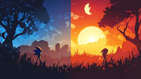 Silhouetted hedgehog figures in split dusk and dawn scene.