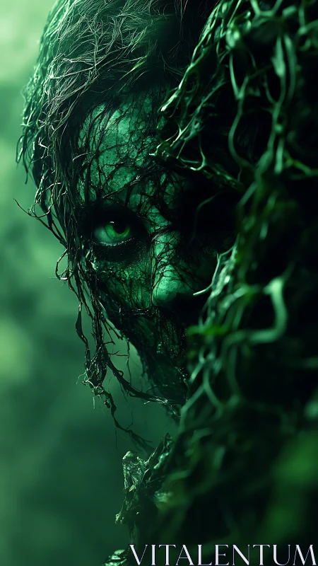 Forest wraith emerges from tangled vines in eerie green light.