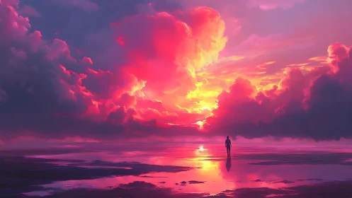 Soft horizon stroll beneath blazing pink twilight sky.