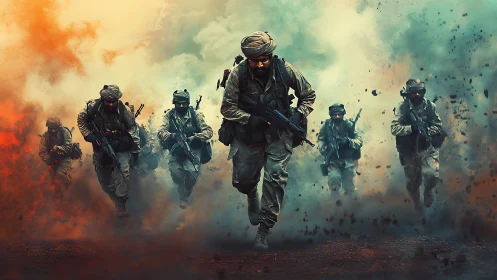 Soldiers charge through explosive battlefield smoke and fire.