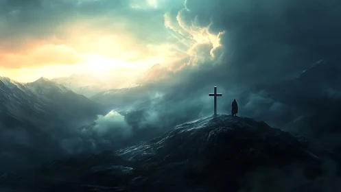 Solitary figure and cross on misty mountain ridge at dawn.