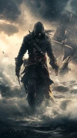 Hooded pirate strides storm surge before burning warship.