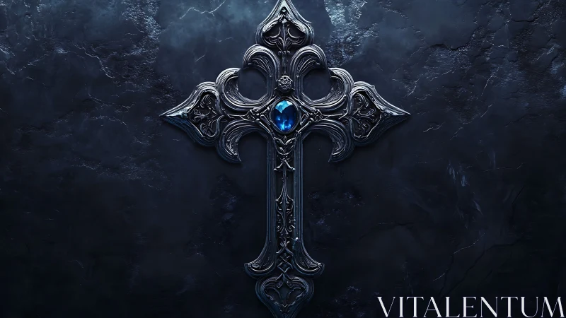 Ornate metallic cross with central blue gemstone on stone wall.