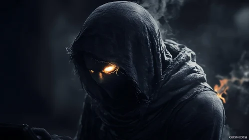 Shrouded wraith with burning eyes in cinematic darkness.