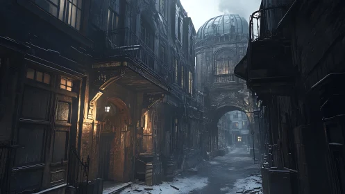 Dystopian urban alley with illuminated storefront beneath dome structure
