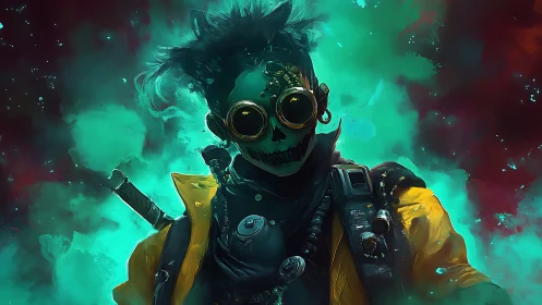 Postapocalyptic skull-masked wanderer strides through toxic haze