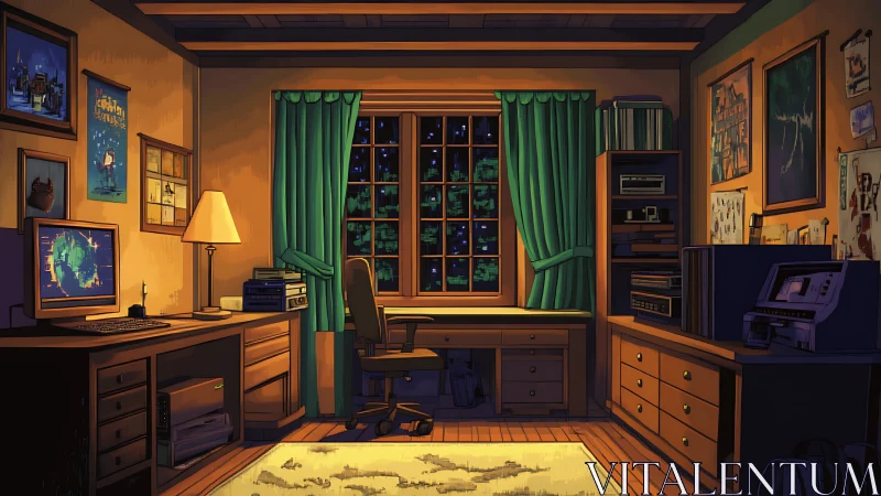 Cozy retro bedroom workspace under warm lamplight at night.