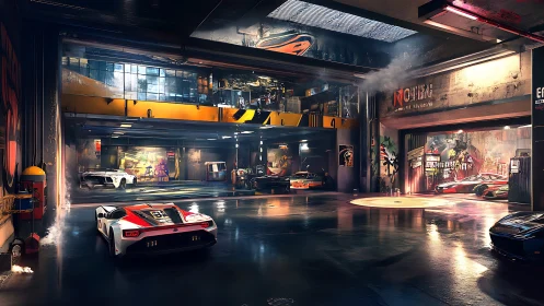 Neon-lit supercar garage hums under slick reflective floors.