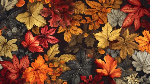 Cozy autumn leaves scattered in warm reds, golds, and grays.