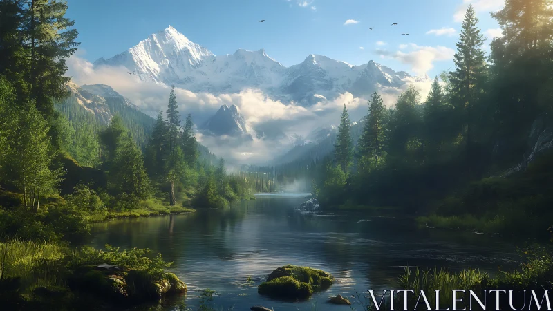 Mountain lake valley under volumetric light with detailed foliage