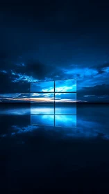 Windows logo reflects over serene blue ocean horizon at dusk.