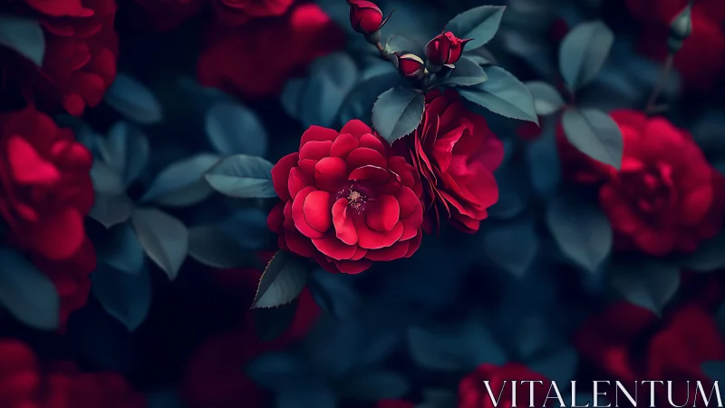 Deep Crimson Roses With Teal Foliage in Selective Focus Photography.
